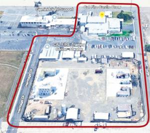 Extracted from Google Earth, this photo shows the site of Merced County Fire Department's fire training center outlined in red. Castle Airport's flight tower and offices of the Fixed Base Operator (formally Gemini Flight Support) are also identified.